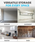 Four Tier Heavy Duty Plastic Storage Shelving Unit With 24 Inch Deep Bins For Garage And Basement Setup displayed in garage, basement, pantry, and shed.
