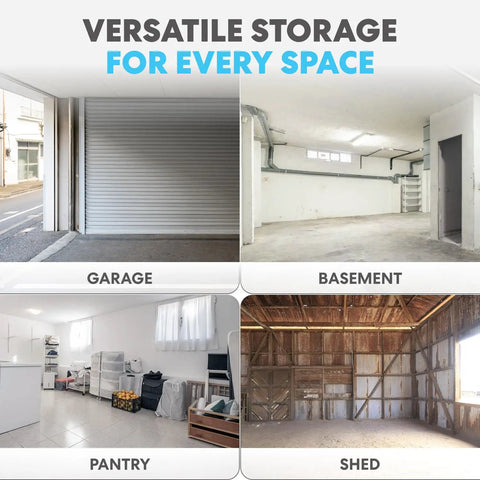 Four Tier Heavy Duty Plastic Storage Shelving Unit With 24 Inch Deep Bins For Garage And Basement Setup displayed in garage, basement, pantry, and shed.