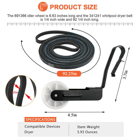 Dryer Drum Belt And Pulley Kit For Whirlpool Kenmore Replacement 341241 691366 Belt Idler Pulley with measurements visible.