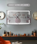Floating Custom Acrylic Business Sign With Your Logo hanging in salon with LED lights, showcasing address plaque for storefront