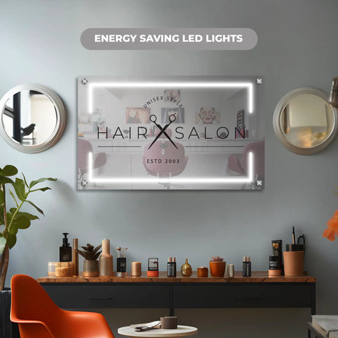 Floating Custom Acrylic Business Sign With Your Logo hanging in salon with LED lights, showcasing address plaque for storefront