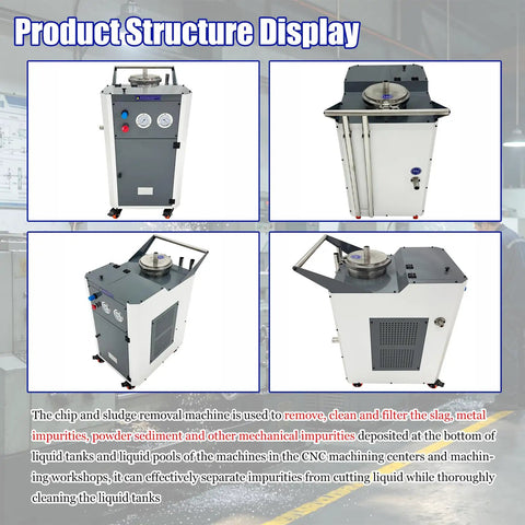 Badass Pneumatic Chip And Sludge Removal Machine Filters CNC Cooling Oil Clears metallic gunk and powder sediment view from different angles.