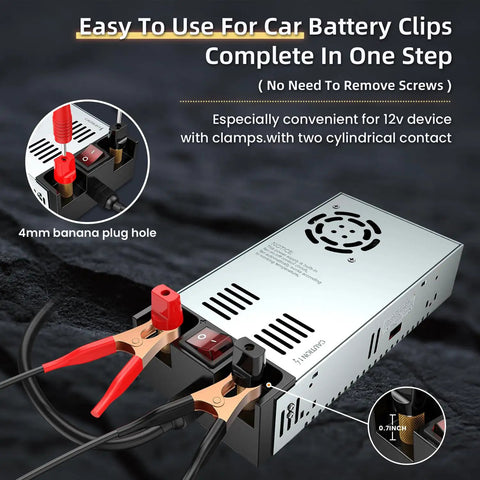 110V AC To 12V DC Converter With On Off Switch, Heavy Duty 50A 600W Power Supply, pure copper terminals, connectors for car battery clips