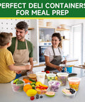 Family in kitchen with 50 Pack 32 Ounces Deli Containers With Lids Leak Proof BPA Free Plastic Takeout Bowls for meal prep