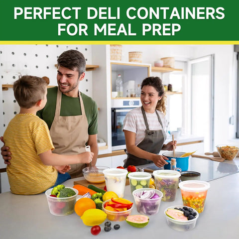 Family in kitchen with 50 Pack 32 Ounces Deli Containers With Lids Leak Proof BPA Free Plastic Takeout Bowls for meal prep
