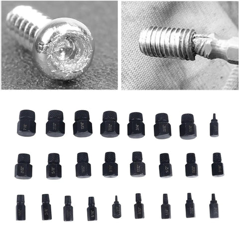 25 Piece Screw Extractor Set With Alloy Steel Remover Tools For Damaged Hex Head And Stripped Screws Quick Grip Broken Screw Removal Kit For Home Auto And Machinery Repairs Includes 25 Socket Sizes shown with various extractors for different screw sizes.