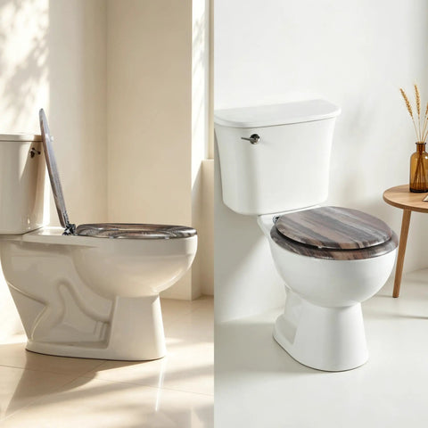 Round Wooden Toilet Seat heavy duty with Zinc Alloy Hinges on white toilet, showcasing easy installation and clean design.