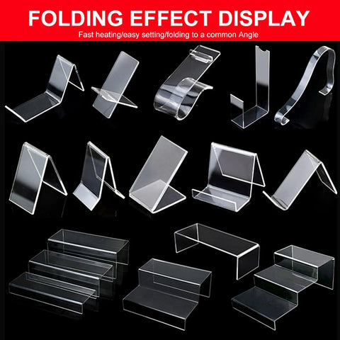 High Octane Acrylic And Pvc Plastic Bender With No Fuss Water Pump Cooling And 1000 Watt Carbon Fiber Heater Straight Forward Angle Adjustments For Tough Sheet Bending Runs showcasing various acrylic display shapes.