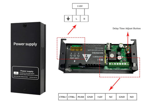 Heavy Duty Door Access Control System With 1200lb Magnetic Lock Kit showing power supply and delay time adjust button