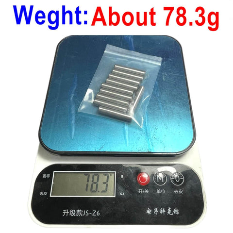 Quarter Inch By One And One Quarter Inch Dowel Pins 10 Pack, on a scale showing weight, packaged in a clear bag.