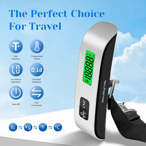 110 Pound Luggage Weight Scale With Four Unit Switching And LED Display showing features like tare function and temperature sensor.