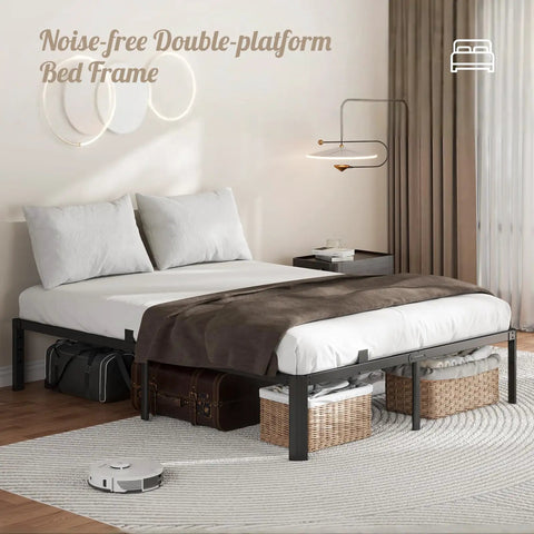 Dead Silent Metal King Size Bed Frame With Attached Headboard, 14 Inch Built Tough Steel Platform Base featuring a stylish modern setup.