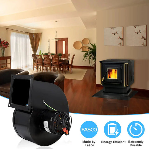 Living room with Replacement PU-4C447 Convection Blower For Englander And England Pellet Stoves next to a stove