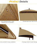 10x12 Ft Replacement Canopy Top Premium Ripstop With Double Tier Waterproof UV Resistant Gazebo Roof details in khaki color