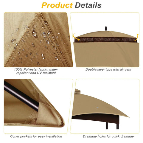 10x12 Ft Replacement Canopy Top Premium Ripstop With Double Tier Waterproof UV Resistant Gazebo Roof details in khaki color