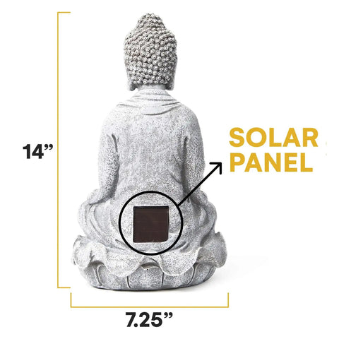 Back view of Totally Lit Glowing Lotus Buddha Statue With Solar Powered Flickering LED Garden Light, showing solar panel