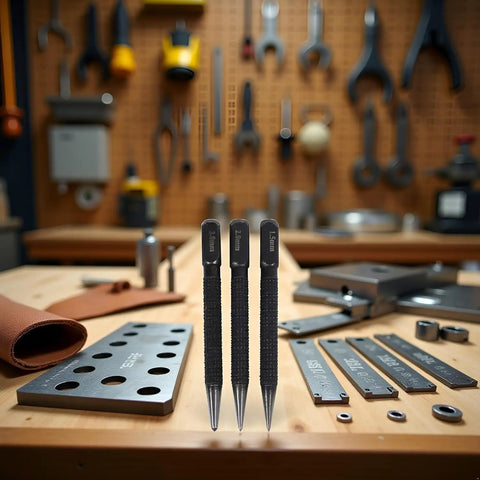 No Nonsense Center Punch Set With Rock Solid High Carbon Steel Build on workbench with various tools visible.