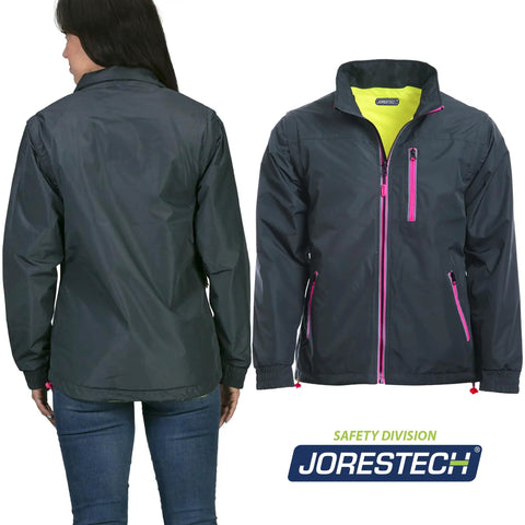 Hi Vis 4 In 1 Reversible Work Jacket With Removable Sleeves For Construction And Roadwork ANSI ISEA 107 2020 Class 3 Type R Safety Coat With Reflective Tape For Low Light Visibility Ideal For Warehouse And Field Jobs in grey front and back view.