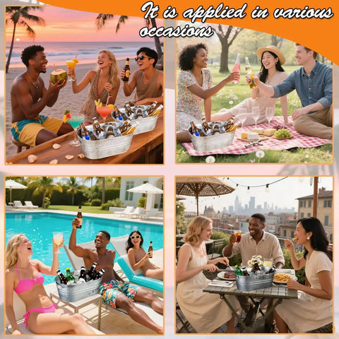 Two Pack Galvanized Tub Ice Buckets Set Of Two Large Metal Beverage Buckets with drinks on beach, picnic, poolside, and rooftop.