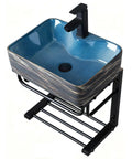 Wall-Mounted Ceramic Bathroom Sink - Rectangular U-Shape Vessel Sink with Faucet, Pedestal Metal Legs and Vintage Design, for Home,B&B and Club in blue ceramic.