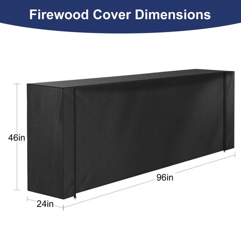 Heavy Duty 8-Foot Firewood Rack Cover With Zipper And Front Flap, 600D Oxford Waterproof, showing dimensions 96x24x46 inches