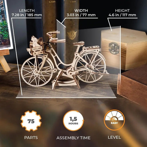 Hands On Dutch Bicycle 3D Puzzle Model With Rear Rack And Front Basket Amsterdam Themed Mechanical Toy For Brain Teaser Fans Includes Tiny Cat Dog And Flower Figures For The Basket. 75-piece wooden bike model, 7.28 x 3.03 x 4.6 in