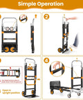 Four steps showing 3 In 1 Convertible Heavy Duty Folding Hand Truck Dolly With 600 Lb Capacity setup and transformation process.