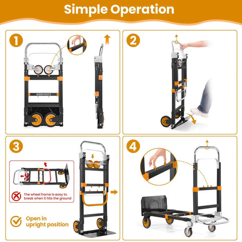 Four steps showing 3 In 1 Convertible Heavy Duty Folding Hand Truck Dolly With 600 Lb Capacity setup and transformation process.