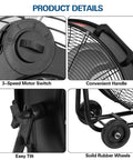 Close-up details of Beefy High Velocity Drum Fan With Two Speed Settings For Industrial Ventilation, featuring motor switch, handle, tilt, wheels