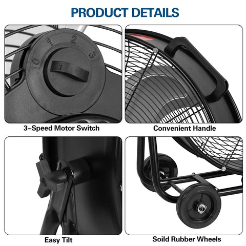 Close-up details of Beefy High Velocity Drum Fan With Two Speed Settings For Industrial Ventilation, featuring motor switch, handle, tilt, wheels