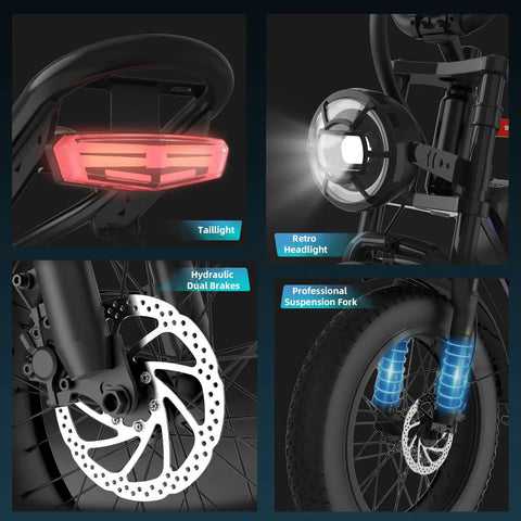 Beast 2000W Electric Fat Tire Bike taillight, retro headlight, hydraulic disc brakes, dual suspension fork details