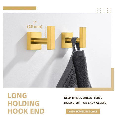 Brushed Dark Gold Towel Hooks For Bathroom Stainless Steel Wall Mount Square Robe Coat Hangers Hand Towel Holder 2 Pack