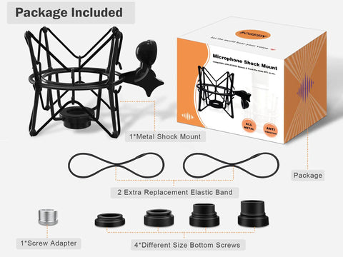 Anti Vibration Condenser Microphone Shock Mount For Studio Use Fits AT2020 MXL 770 MXL 990 Samson G Track Pro Rode Procaster NT1-A Neumann U87 And More Spider Mount For Clean Noise Free Recordings package with metal shock mount, elastic bands, screws.