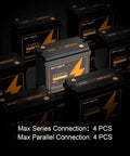 Compact 12V 100Ah LiFePO4 Battery With Built In 100A Smart BMS, arrangement showing multiple units for RVs Solar Marine use