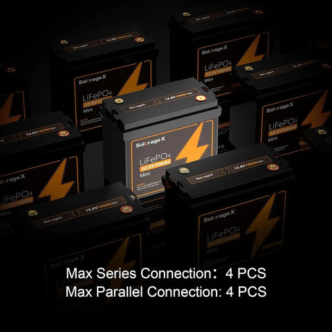 Compact 12V 100Ah LiFePO4 Battery With Built In 100A Smart BMS, arrangement showing multiple units for RVs Solar Marine use