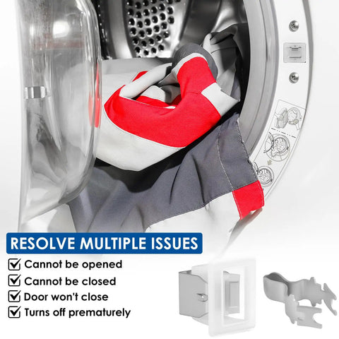Open dryer with laundry and box showing 2 Pack Dryer Door Latch Replacement Kit With Metal Strike And Durable Plastic Catch