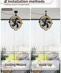 Outdoor Ceiling Fan 24.8 Inch 6 Speed Mounted Garage Fan With Remote And App 360 Degree Vertical Rotation Top Notch Outdoor Cooling For Gazebo Patio Pergola 5 Blades Yellow And Black installed in two ways, ceiling mount and hook up in bright patio setting.
