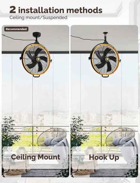 Outdoor Ceiling Fan 24.8 Inch 6 Speed Mounted Garage Fan With Remote And App 360 Degree Vertical Rotation Top Notch Outdoor Cooling For Gazebo Patio Pergola 5 Blades Yellow And Black installed in two ways, ceiling mount and hook up in bright patio setting.