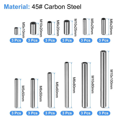 Dowel Pin Set With Internal Thread M3 M4 M6 In Carbon Steel Chamfered Flat Cylindrical Pins 36 Pieces 12 Sizes Pro Grade