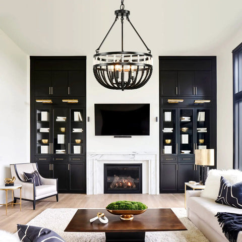 Boho Beaded Chandelier With Five Lights 16 Inch Black And White Modern Farmhouse Wood Bead Pendant Lighting in living room