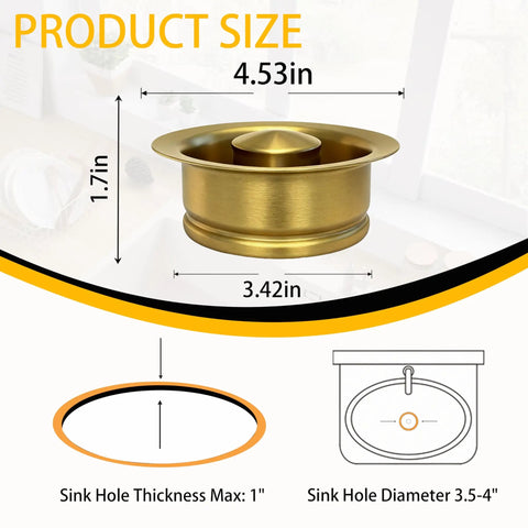 Heavy Duty Garbage Disposal Flange With Sink Drain Stopper, 304 Stainless Steel Brushed Gold Kitchen Adapter, Rust Resistant And No Hassle Install For Modern Homes, size 4.53in x 1.7in.