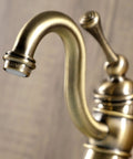 Close-up of Victorian Mono Block Bathroom Faucet in Antique Brass with Drip Free Cartridge, 6 Inch Spout Reach, intricate design