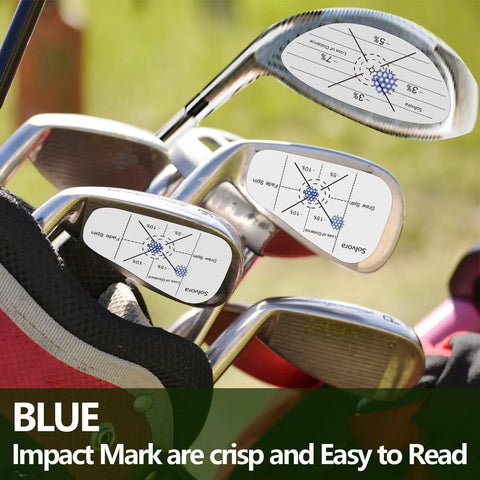 300 Pack Golf Impact Tape For Woods Irons And Putters No Residue Swing Practice Stickers applied on clubfaces with blue impact marks