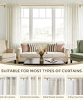 Gold Curtain Rod Set For Windows 72 To 144 Inches Telescoping 1 Inch Diameter Heavy Duty Adjustable Drapery Rods With Brass Gold Finish Modern Decorative Finials And Included Brackets Connectors Screws in living room setting with various curtain types.