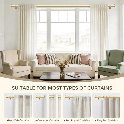 Gold Curtain Rod Set For Windows 72 To 144 Inches Telescoping 1 Inch Diameter Heavy Duty Adjustable Drapery Rods With Brass Gold Finish Modern Decorative Finials And Included Brackets Connectors Screws in living room setting with various curtain types.