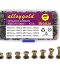 Heavy Duty Round Head Stud Leather Screws And Assorted Rivets Kit With 110 Pieces for crafting, displayed in assorted sizes.