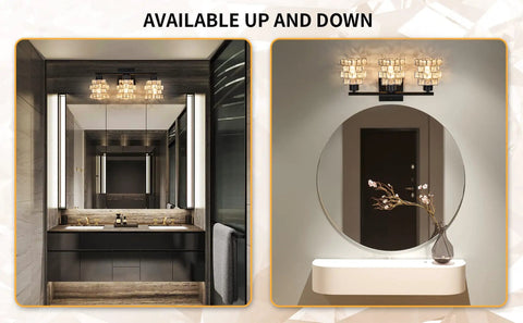 3 Light Crystal Bathroom Vanity Light Fixture Over Mirror Rotatable Matte Black Crystal Indoor Wall Lights in modern bathroom