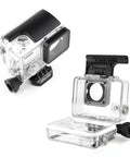 Open and closed transparent Waterproof Dive Housing For GoPro Hero 3 3 Plus And 4 Cameras with BacPac, dual backdoors visible
