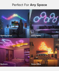 RGBW Lines LED Wall Lights Expansion Pack in various setups: gaming room, living room, bedroom, and home office