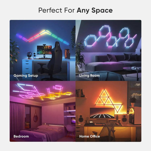 RGBW Lines LED Wall Lights Expansion Pack in various setups: gaming room, living room, bedroom, and home office